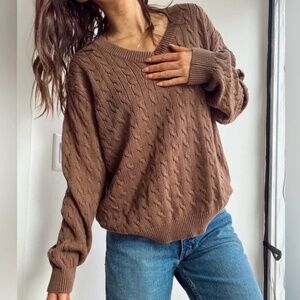 Brandy Melville Nikki Cotton Cable Knit Sweater 45% Cotton Brown Cable Knit